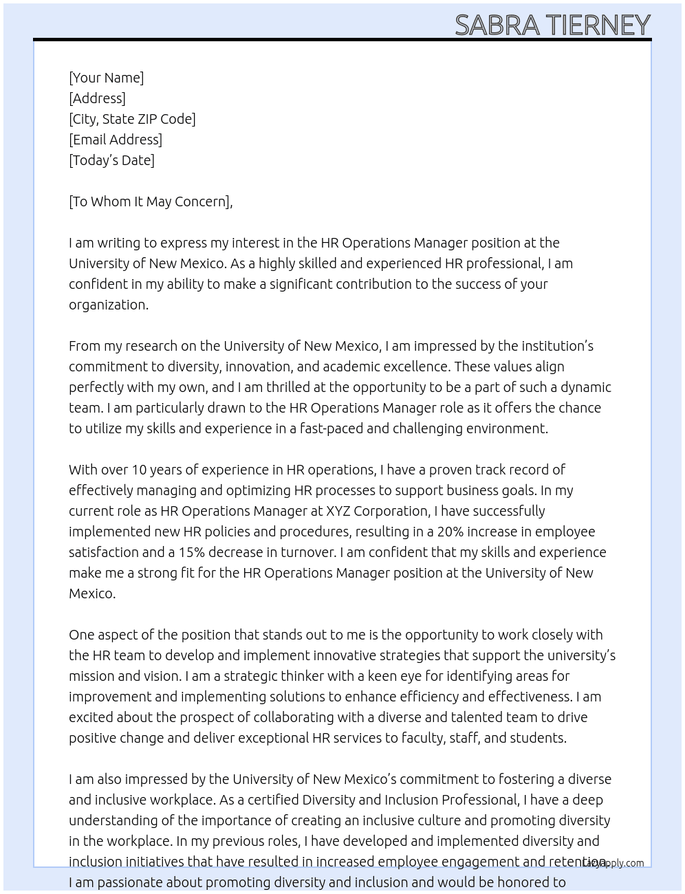 HR Operations Manager At University of New Mexico Cover Letter