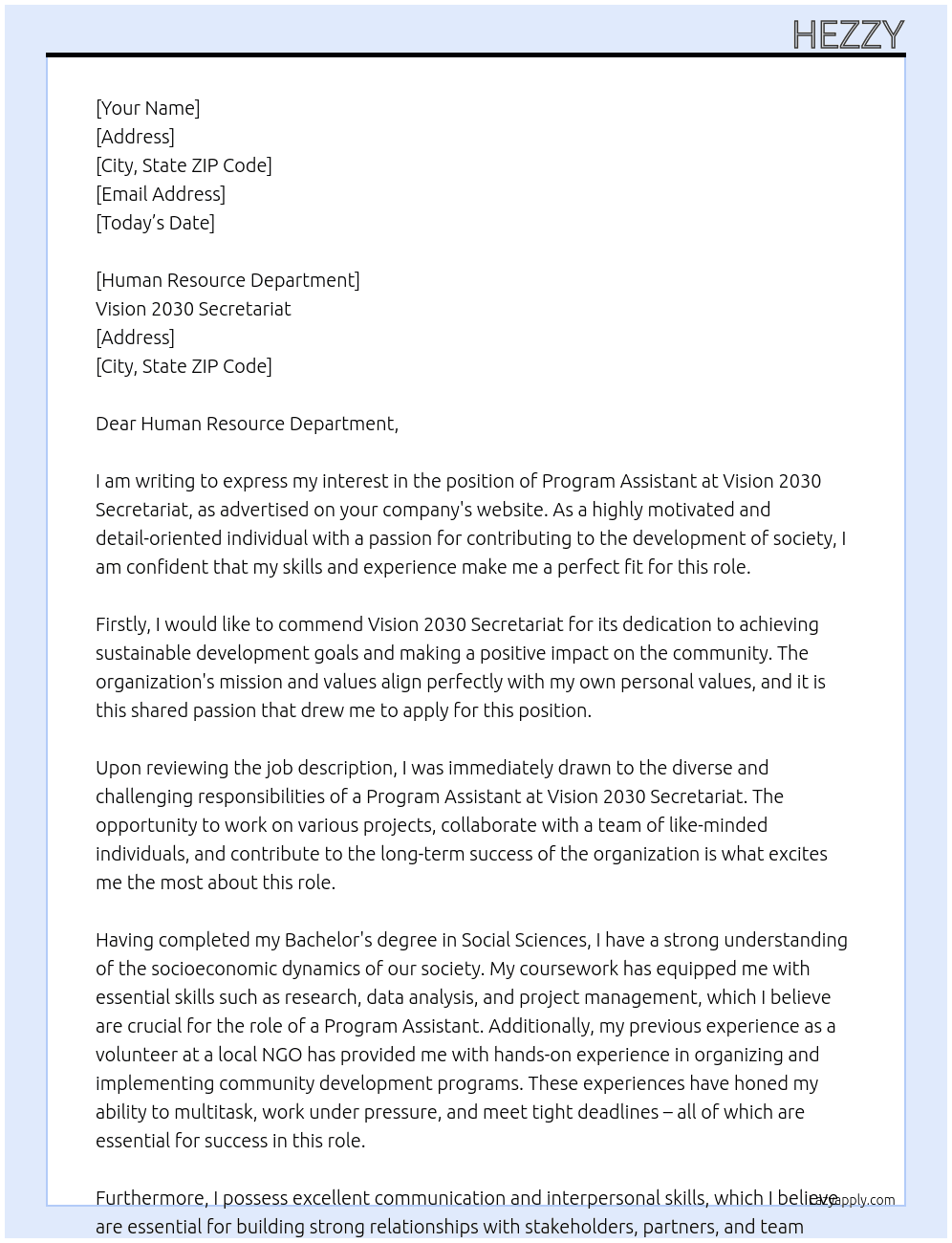 programm assistant At vision 2030 secretariat Cover Letter