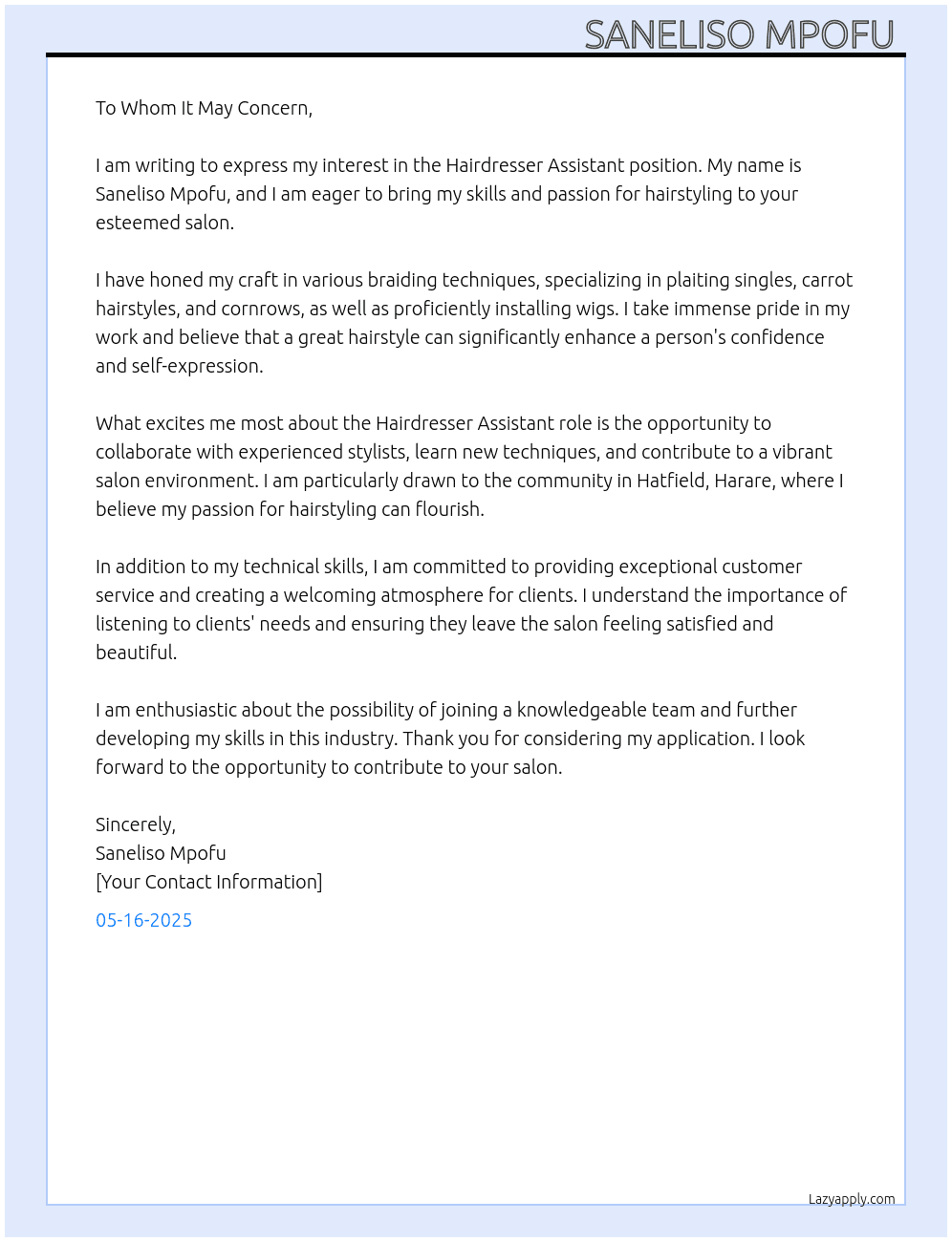 Cover letter for hair dresser assistant - LazyApply