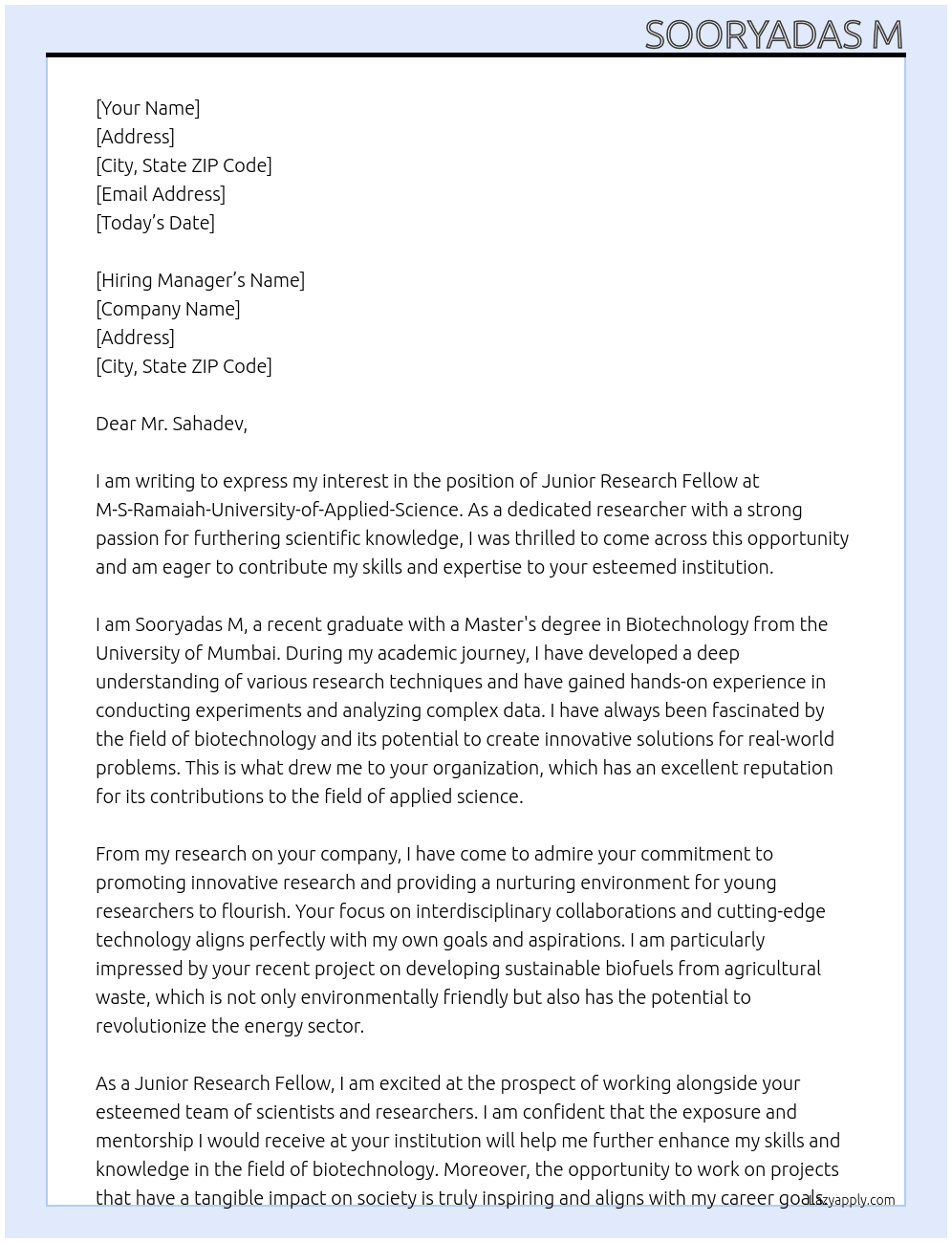 Cover letter for junior research fellow - LazyApply