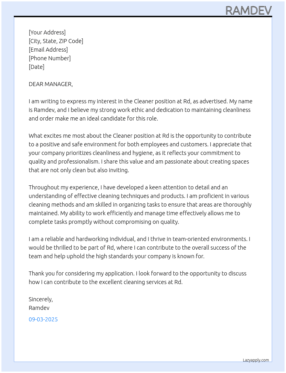 CLEANER At Rd Cover Letter
