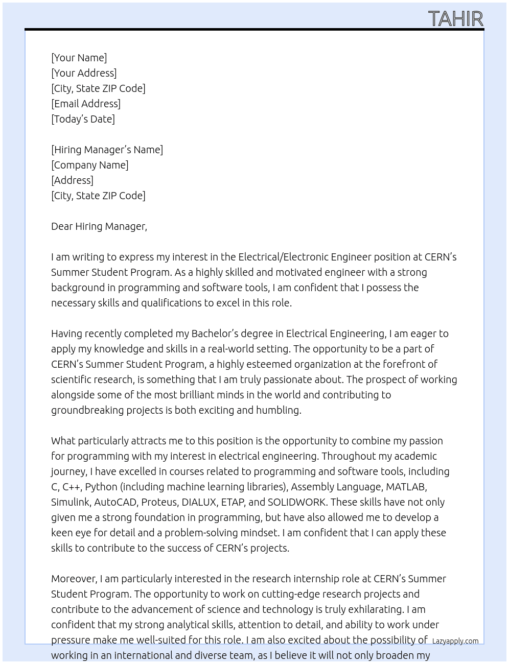 Electrical/Electronic Engineer At CERN's Summer Student Program Cover Letter