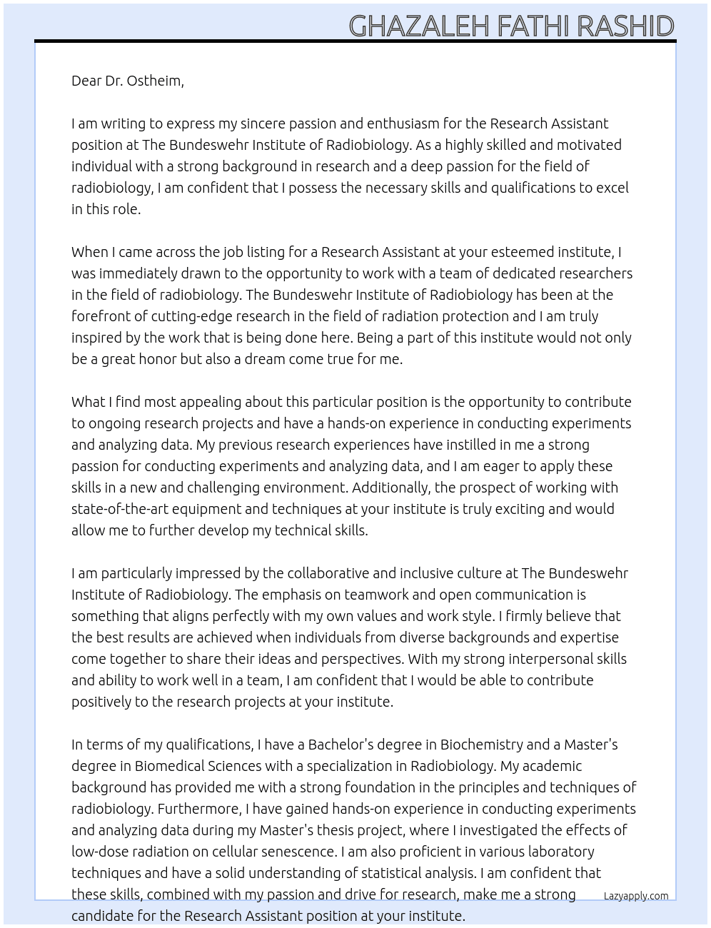 Research Assistant At The Bundeswehr Institute of Radiobiology Cover Letter