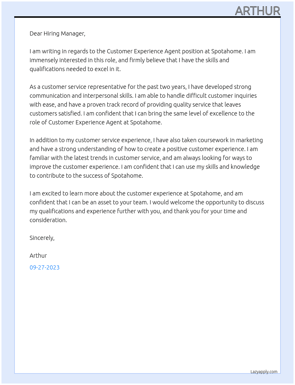 Customer Experience Agent At Spotahome Cover Letter