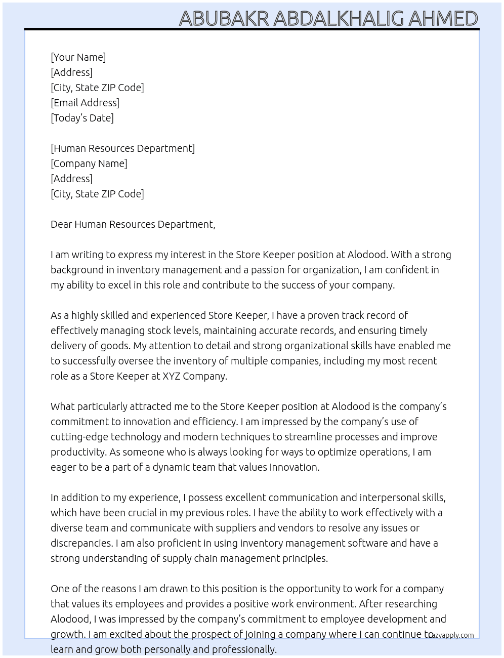 store keeper At alodood Cover Letter