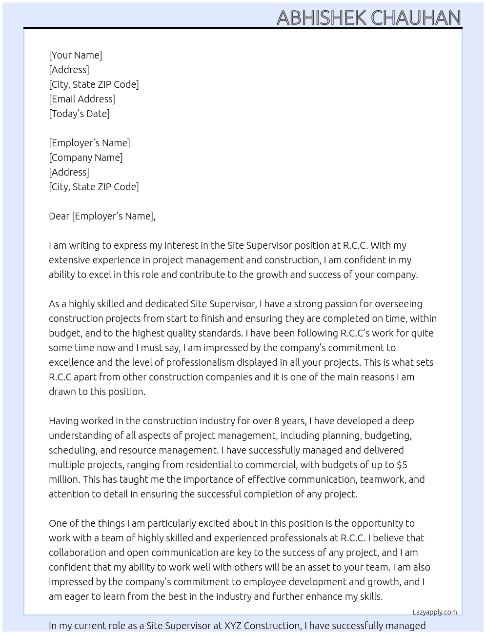 Site supervisor At R.C.C Cover Letter