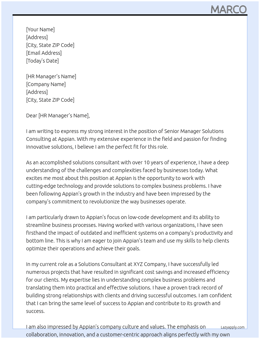 senior manager solutions consulting At Appian Cover Letter