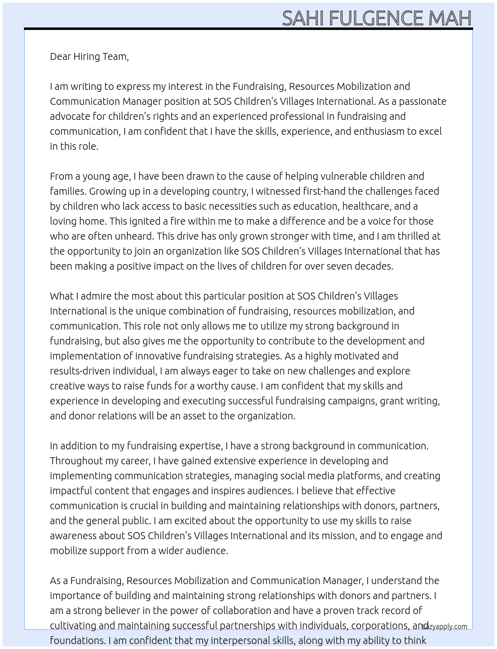 Fundraising,Resources mobilization and Communication Manager At SOS Children's Villages International Cover Letter