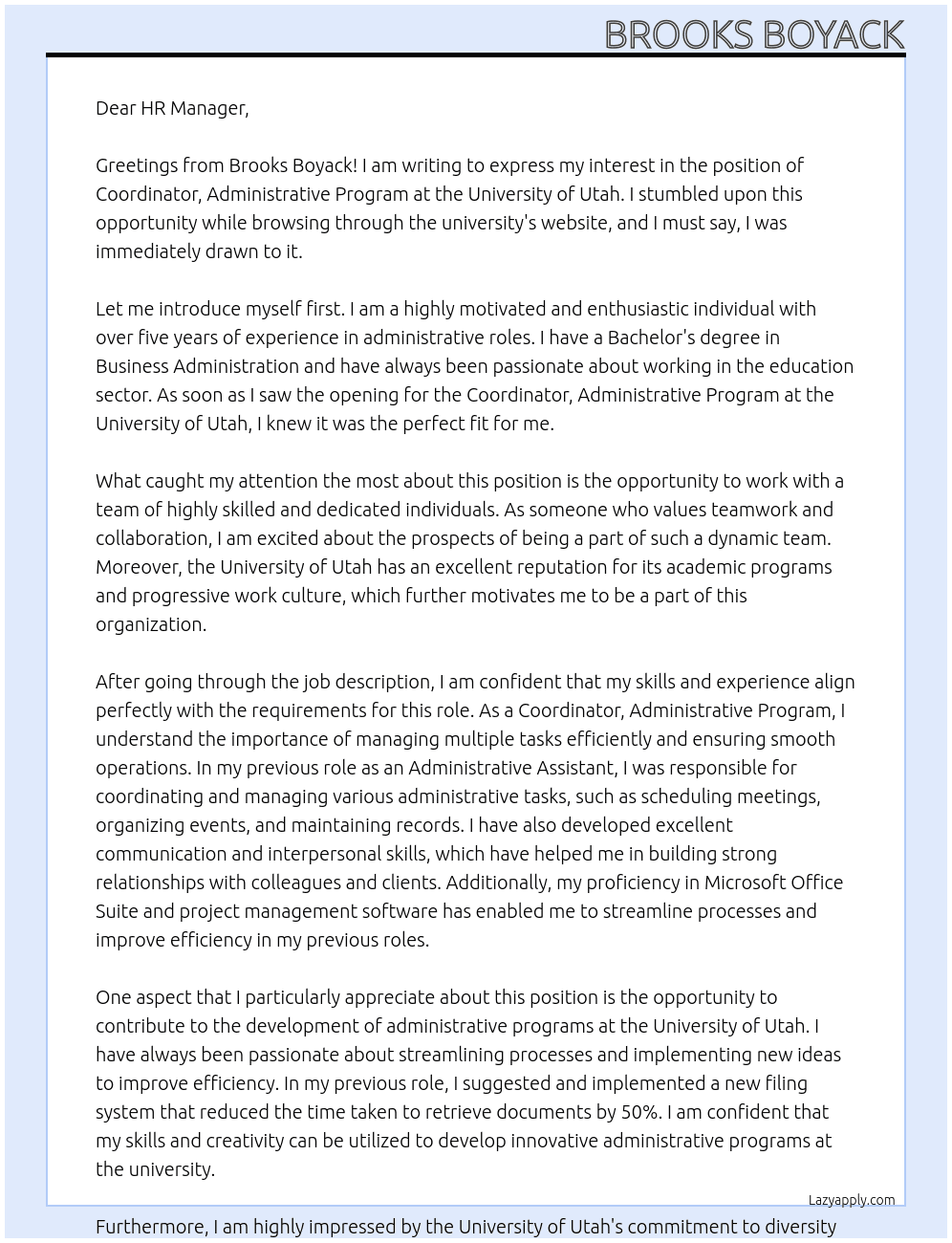 Coordinator, Administrative Program At University of Utah Cover Letter