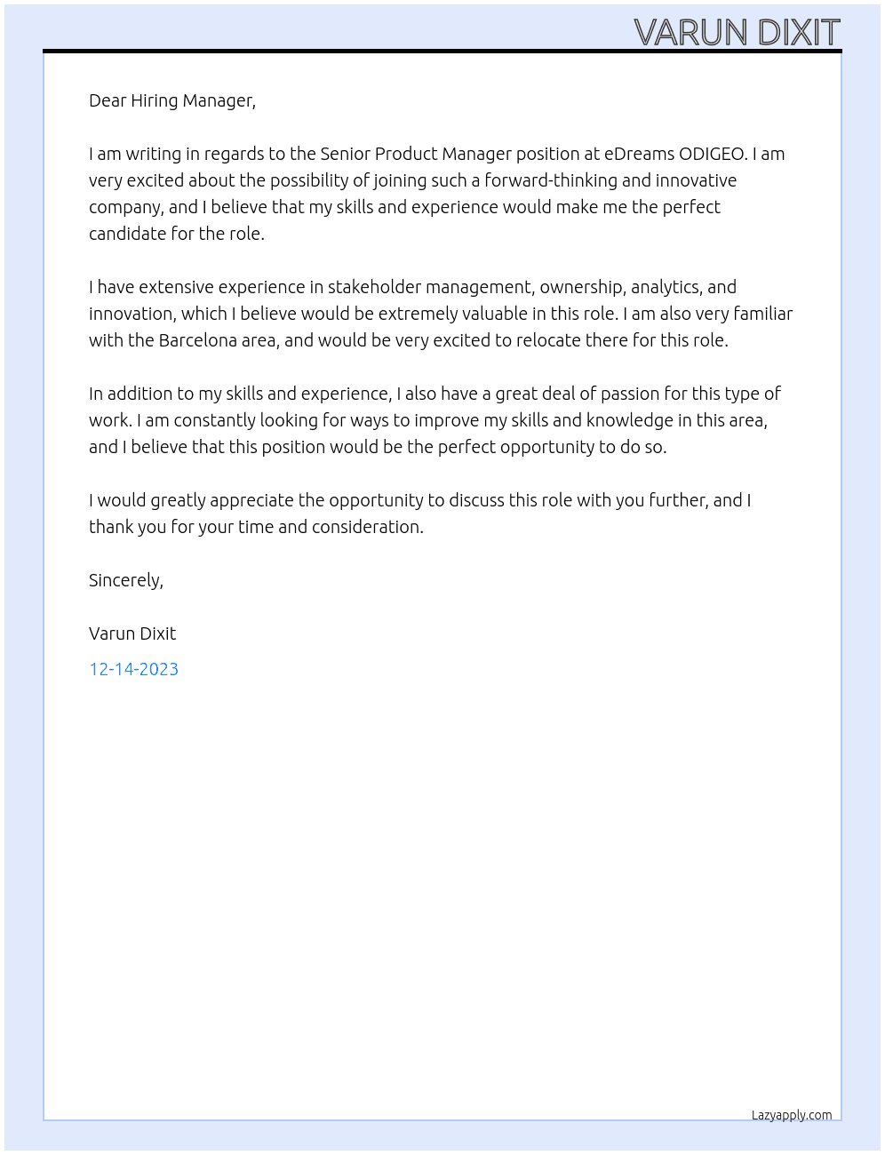 Senior Product Manager At eDreams ODIGEO Cover Letter