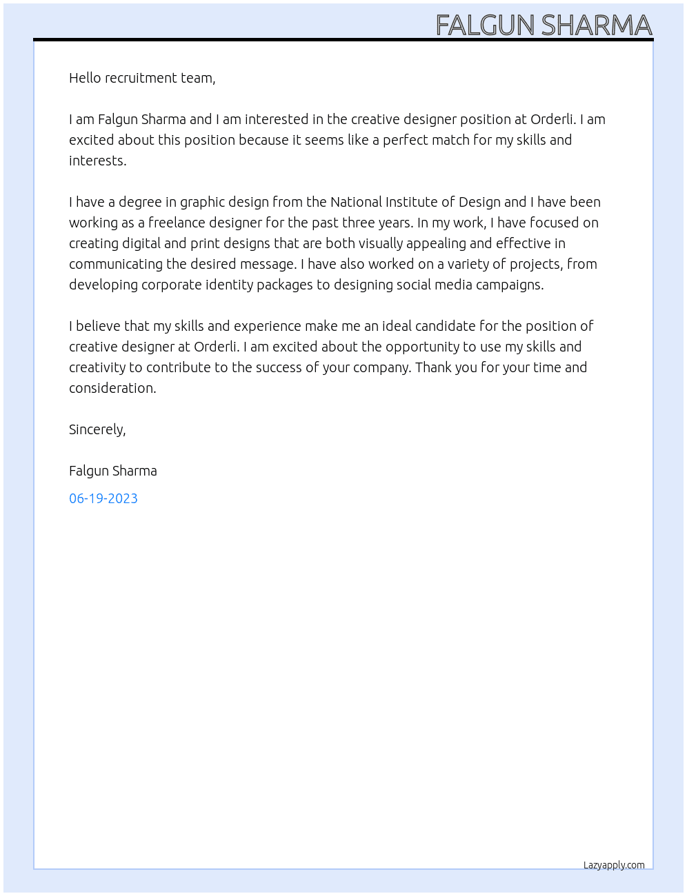 creative designer At orderli Cover Letter