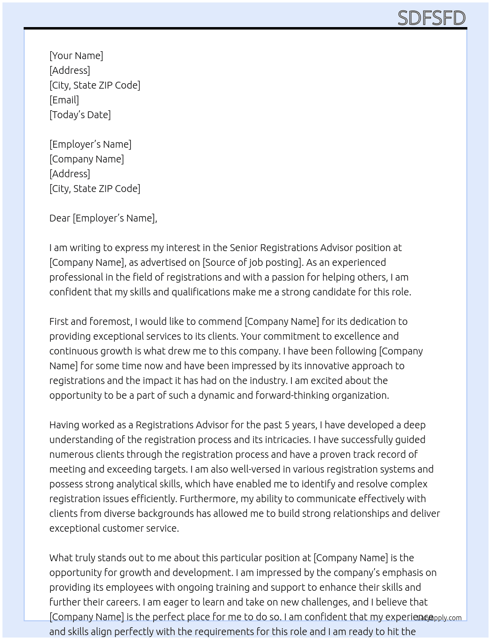 SENIOR REGISTRATIONS ADVISOR  At sdfsdf Cover Letter