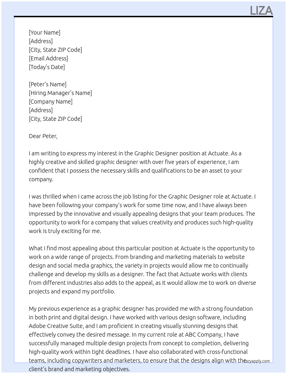 Graphic Designer At Actuate Cover Letter