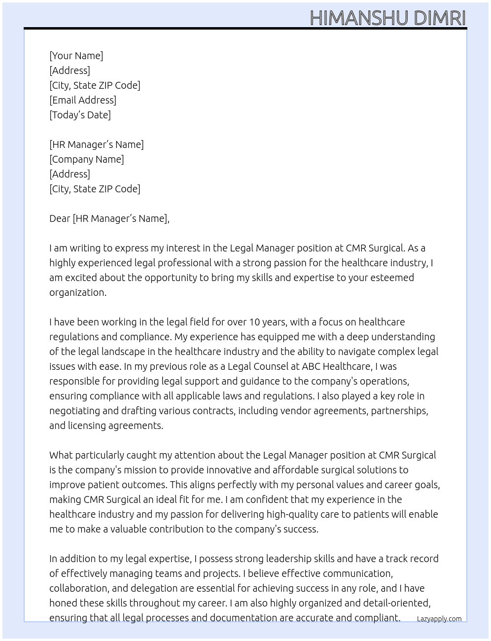 Legal manager At CMR surgicals Cover Letter