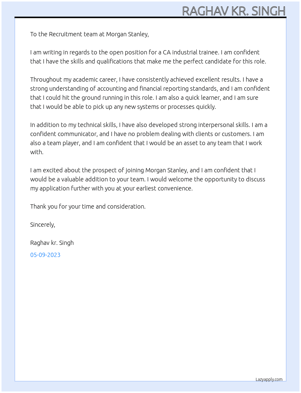 CA industrial trainee At Morgan stanley Cover Letter