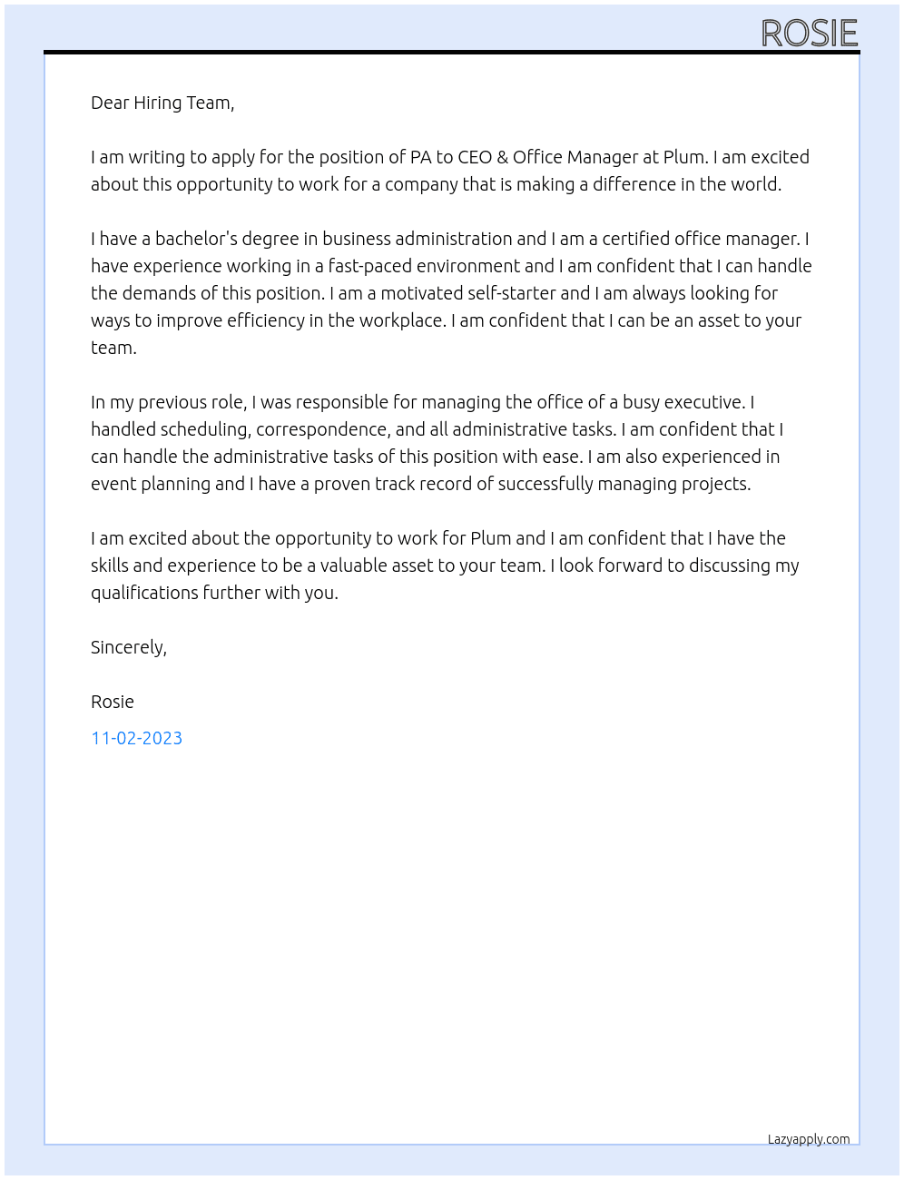 PA to CEO & Office Manager At Plum Cover Letter