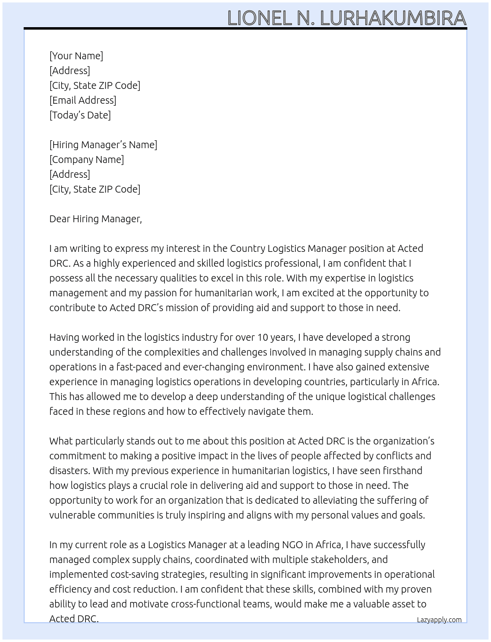 Country Logistics Manager At Acted DRC Cover Letter