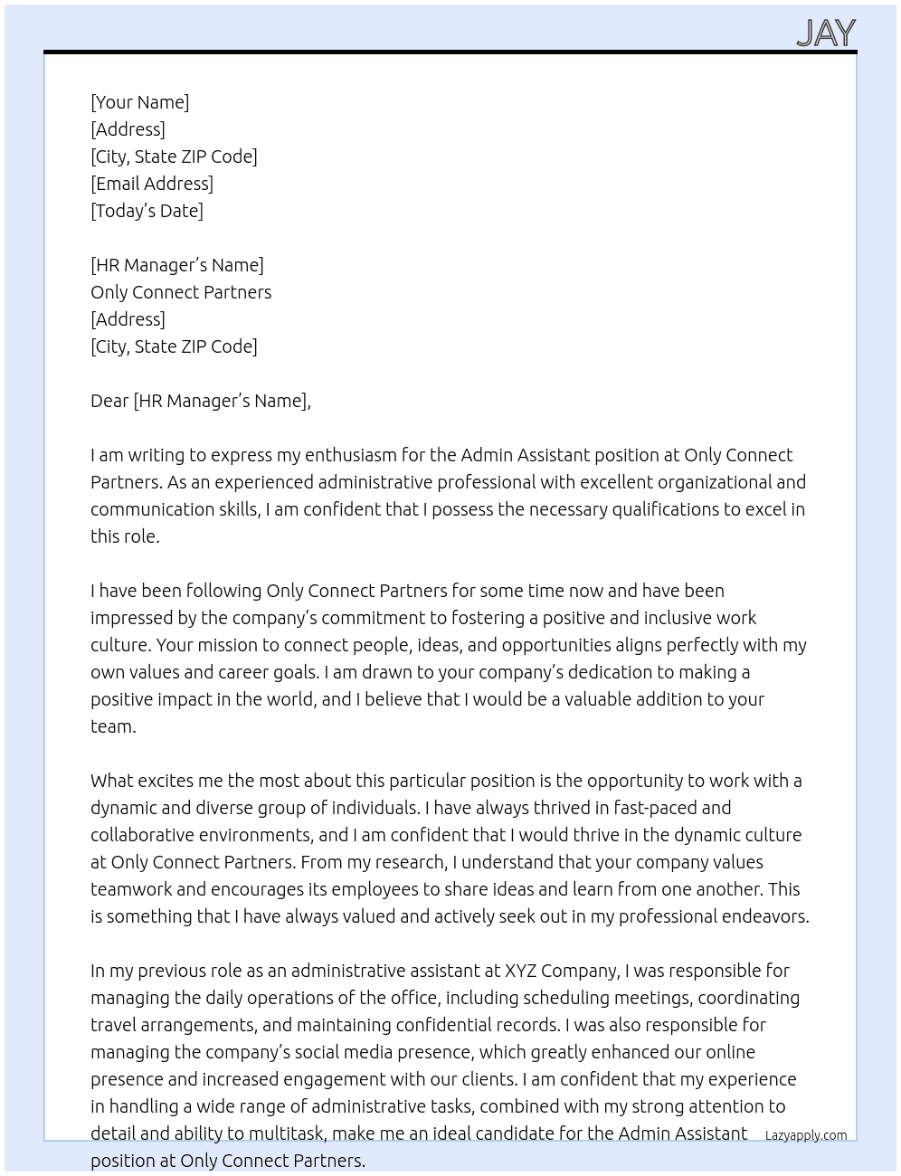 Admin assistant At Only Connect Partners Cover Letter