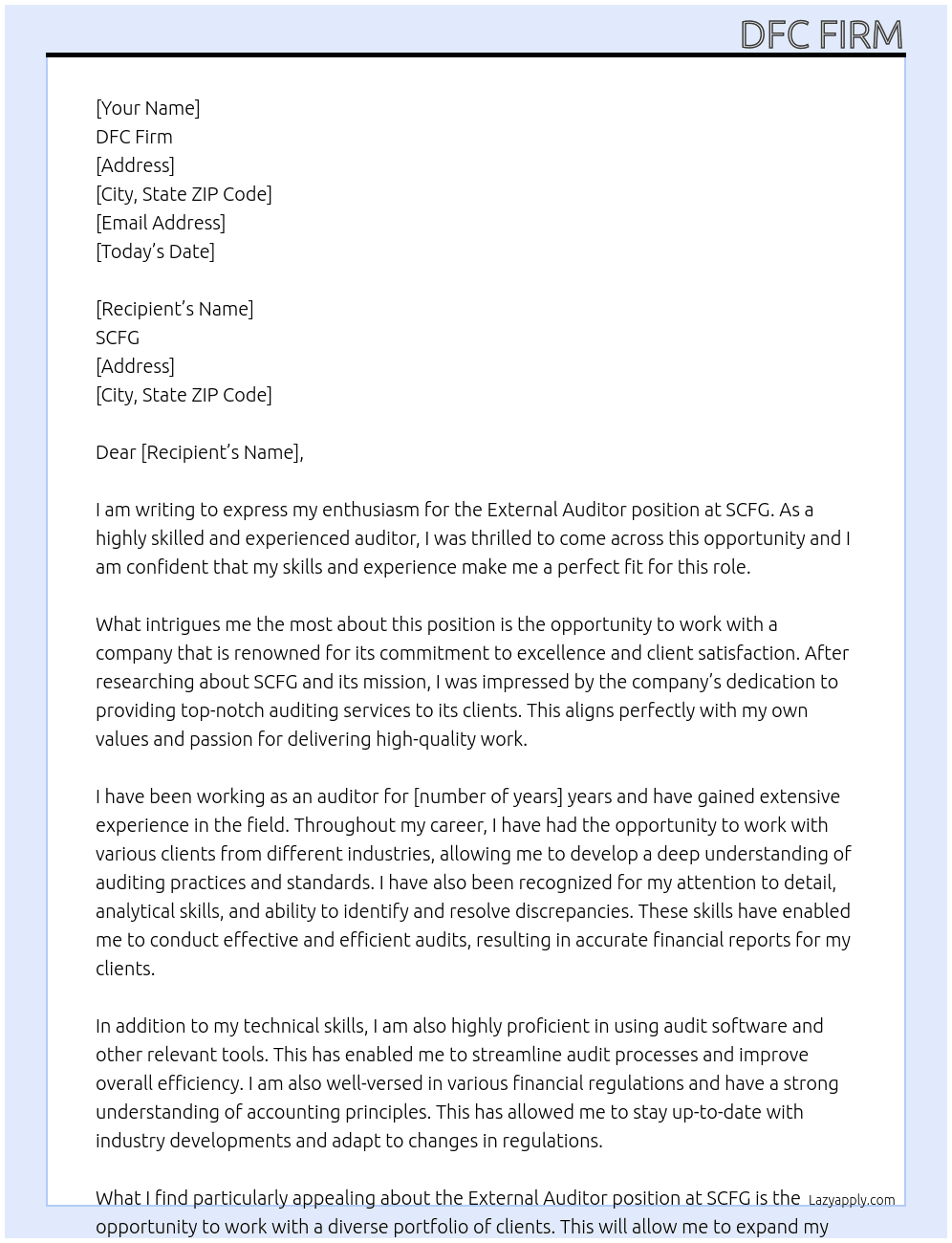 EXTERNAL AUDITOR At SCFG Cover Letter