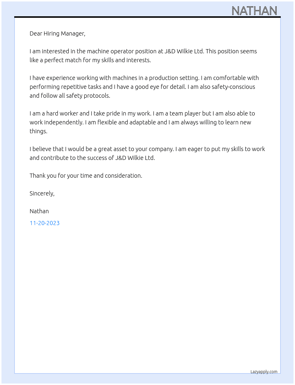 Machine Operator At J&D Wilkie Ltd Cover Letter