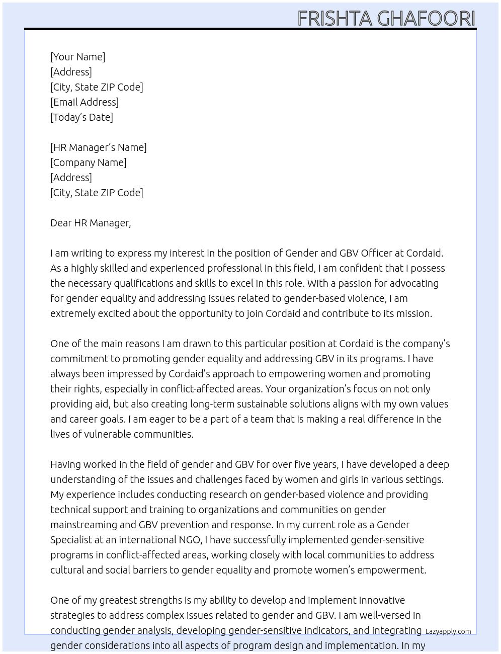  Gender and GBV officer At Cordaid Cover Letter