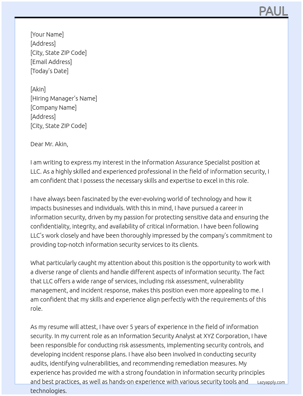 Information Assurance Specialist  At LLC Cover Letter