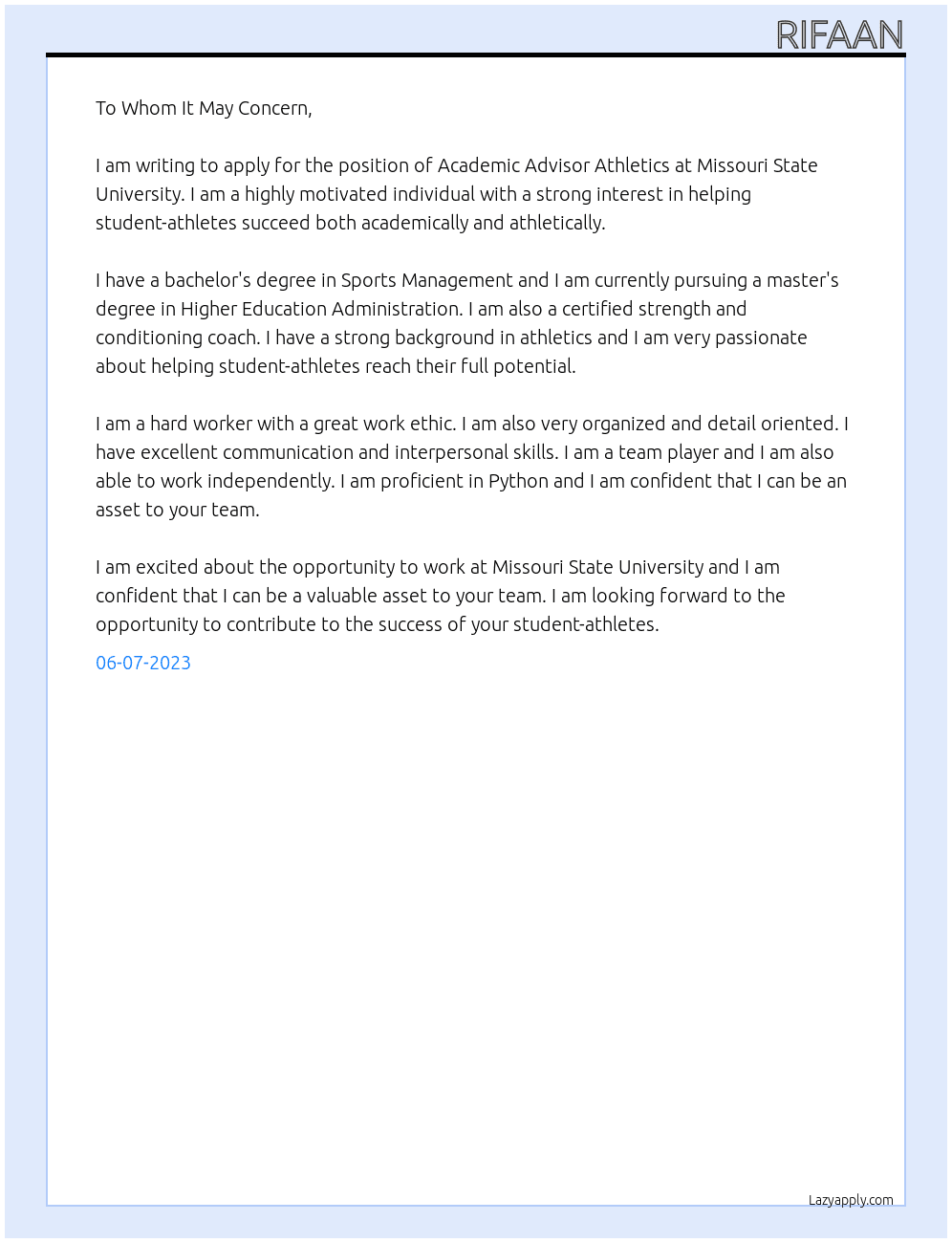 Academic Advisor Athletics At Missouri State University  Cover Letter