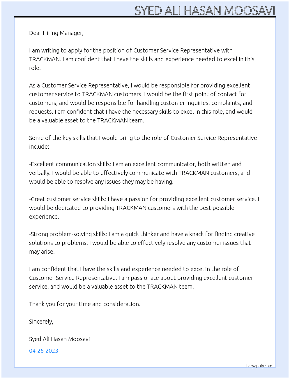 Customer Service Representative At TRACKMAN Cover Letter