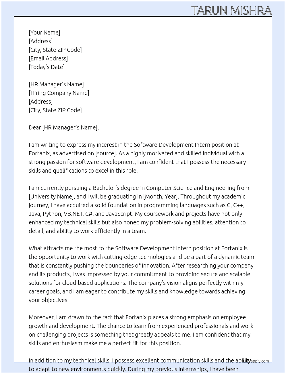 Software Development Intern At Fortanix Cover Letter