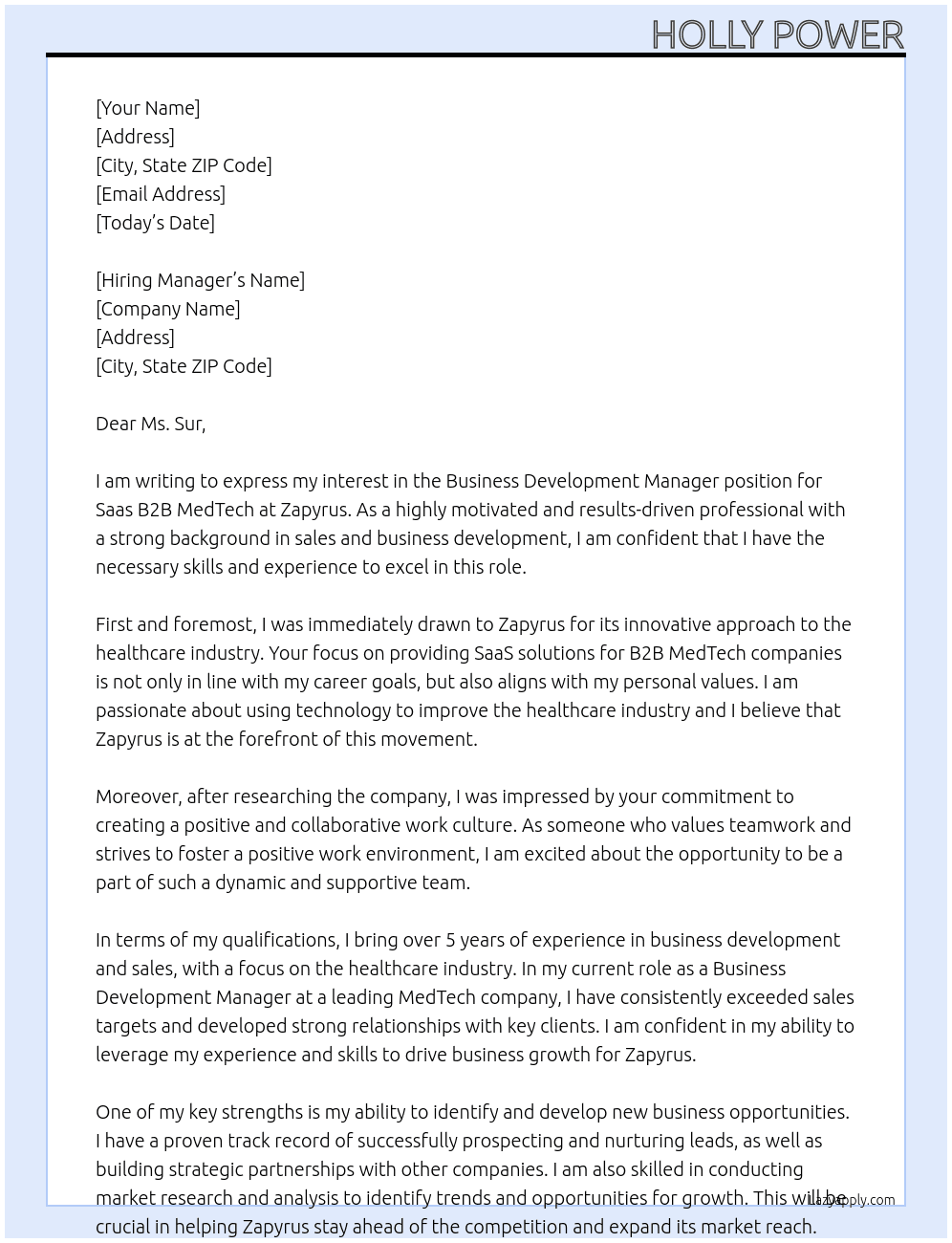 Business Development Manager Saas B2B MedTech At Zapyrus Cover Letter