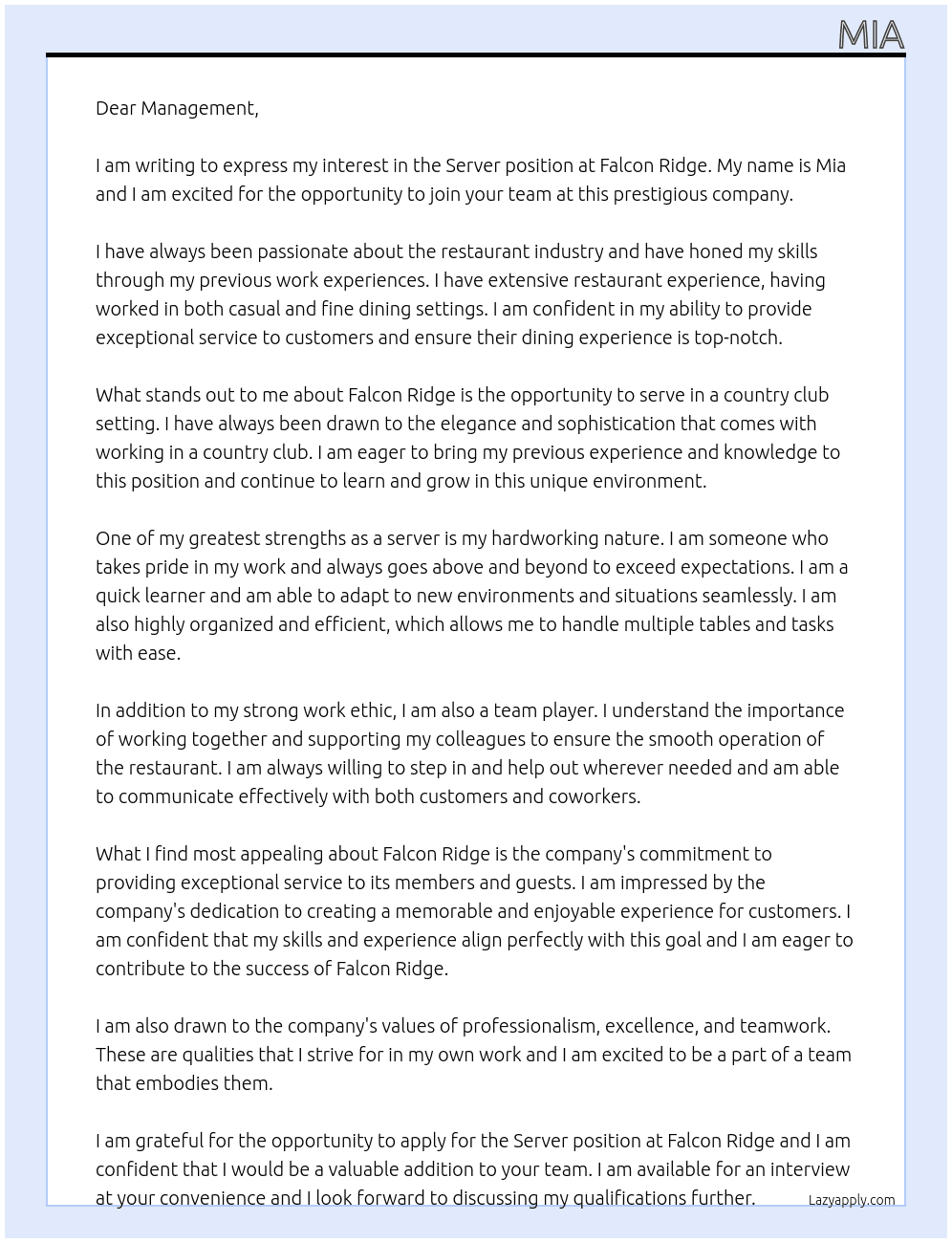 Server At Falcon Ridge Cover Letter