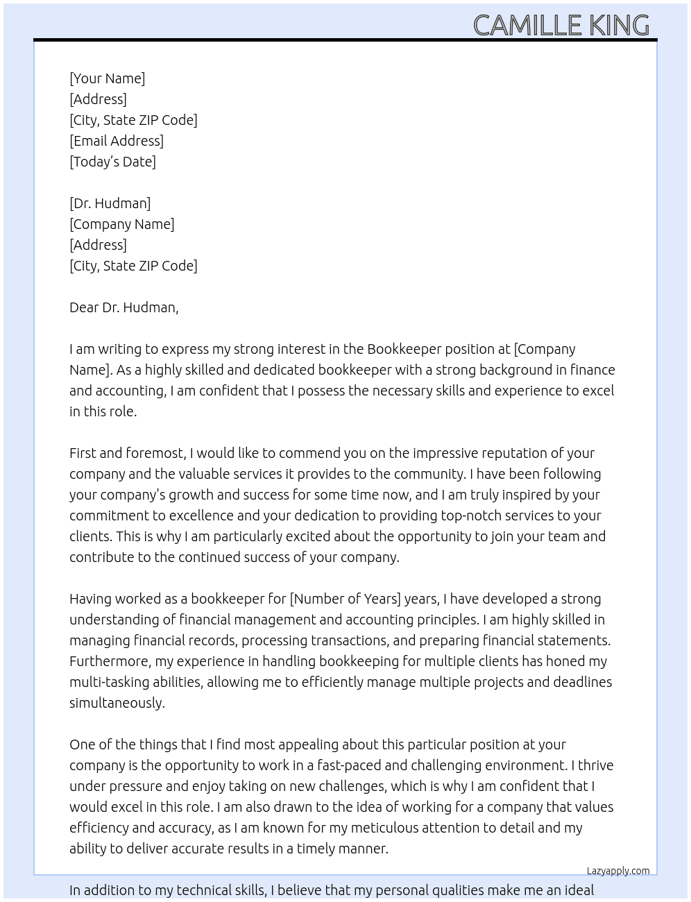 Bookkeeper  At Dr. Hudman  Cover Letter