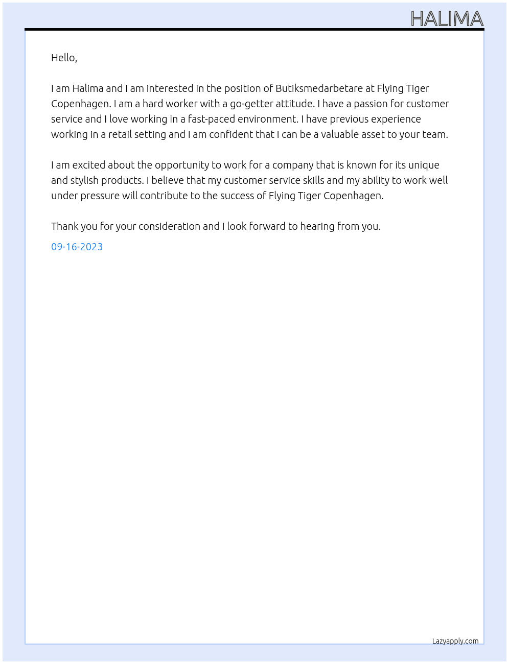 Butiksmedarbetare At Flying Tiger Copenhagen Cover Letter
