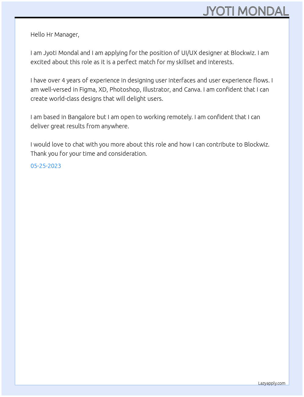 UI/UX designer  At Blockwiz Cover Letter
