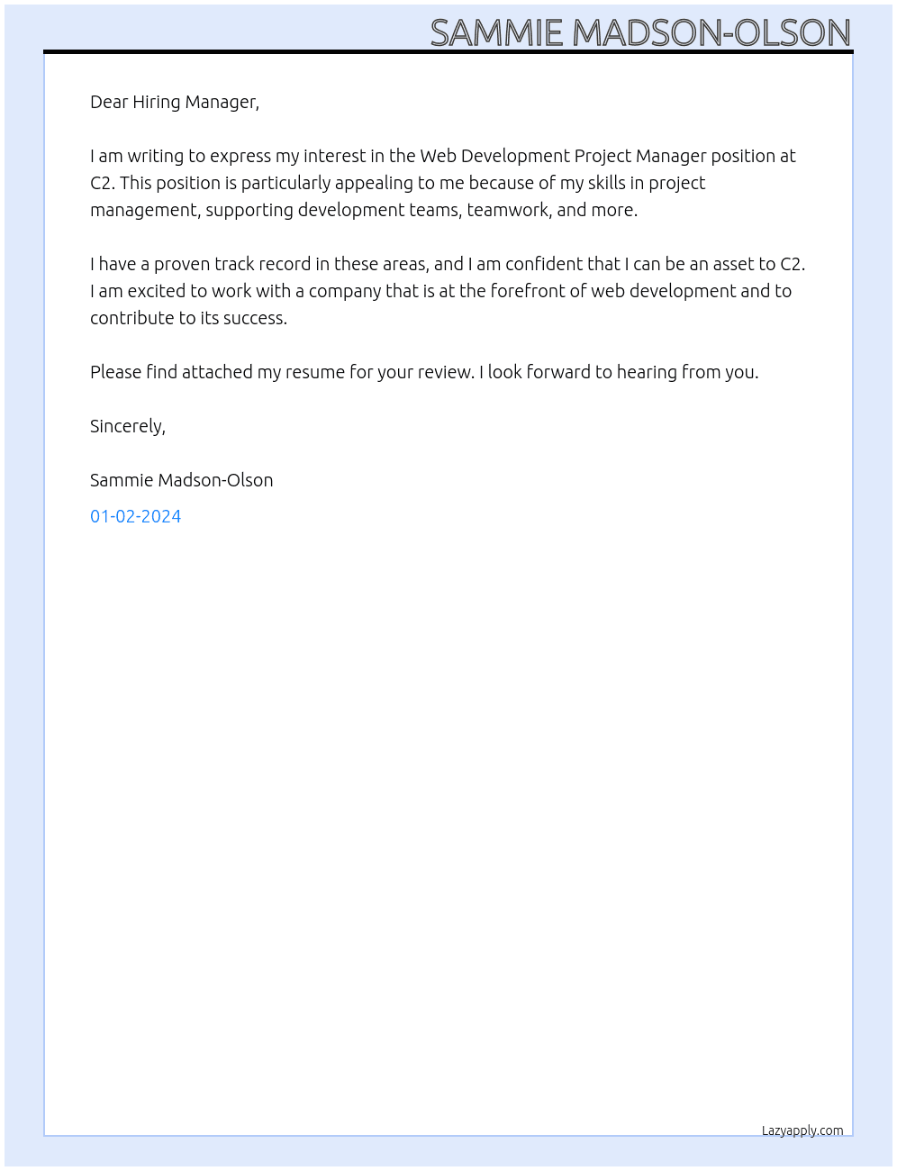 Web Development Project Manager At C2 Cover Letter