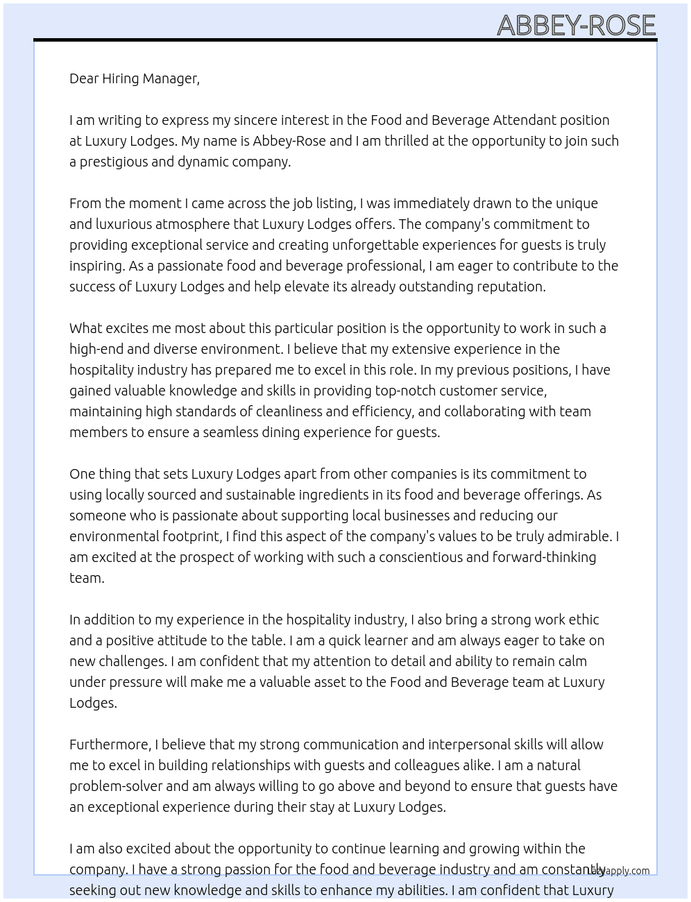 Food and Beverage Attendant At Luxury Lodges Cover Letter