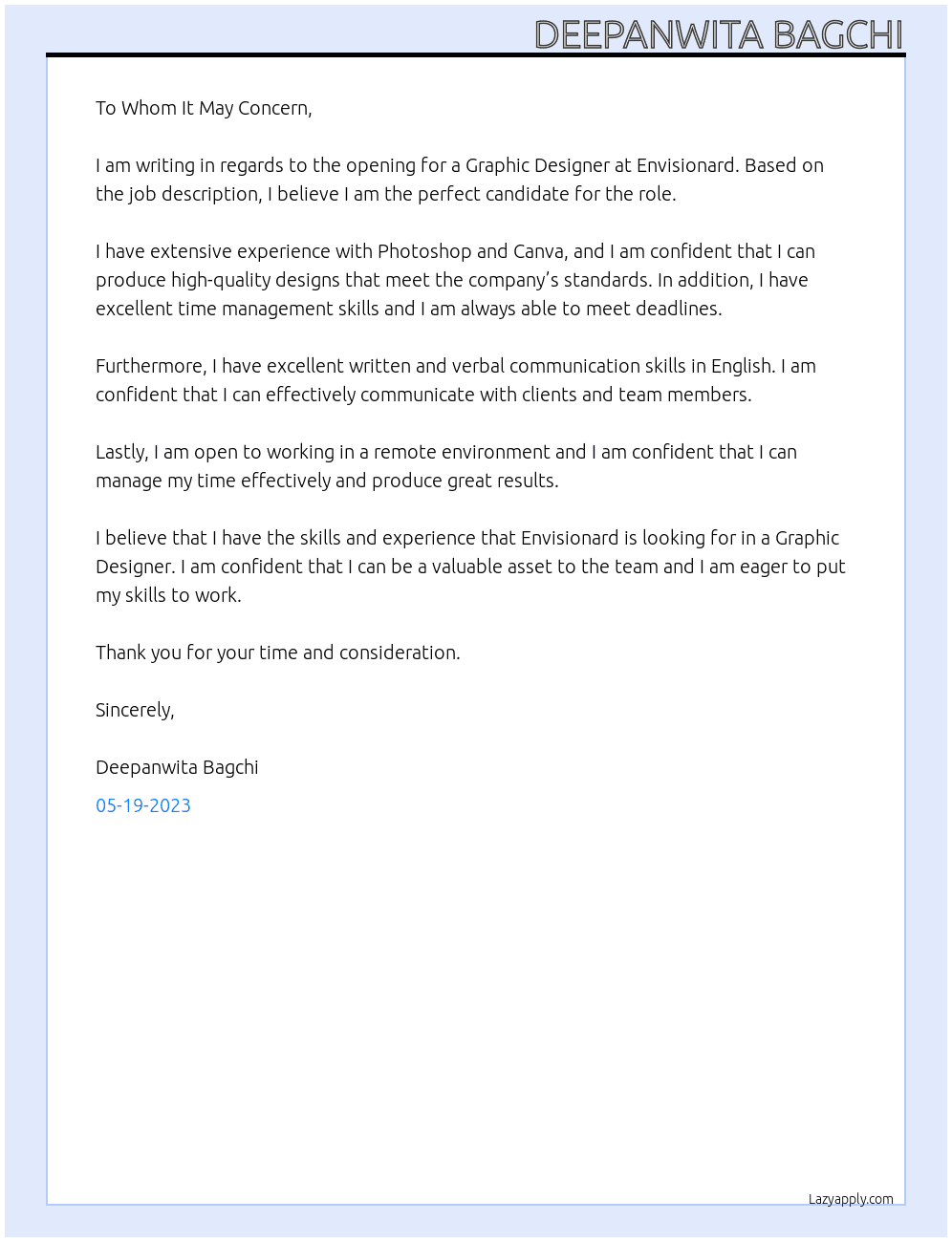 Graphic Designer At Envisionard Cover Letter