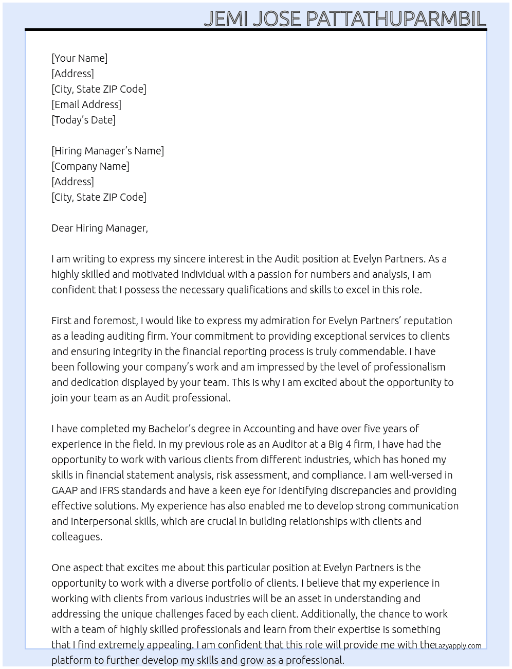audit At evelyn partners Cover Letter