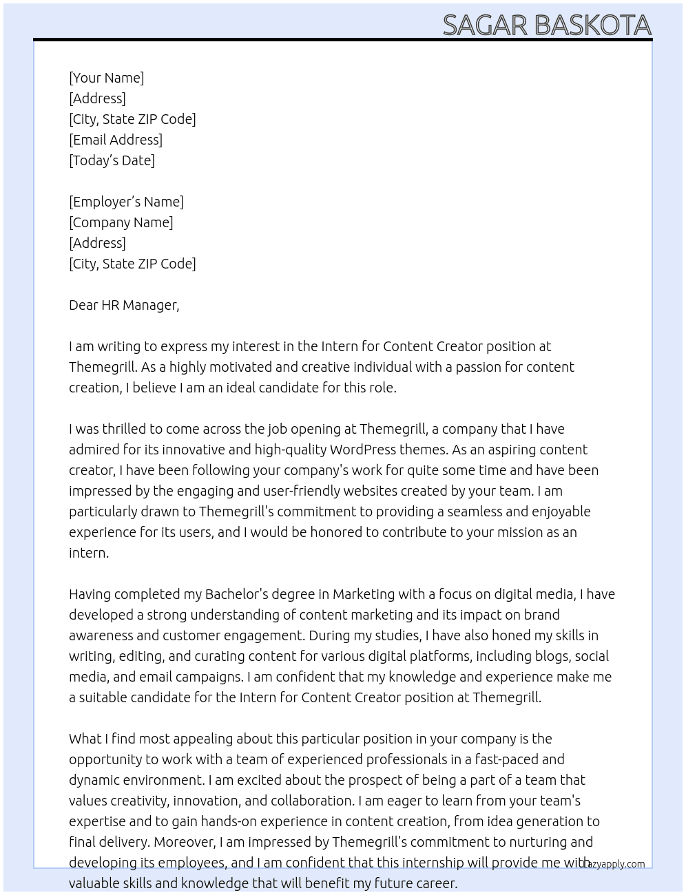 Intern for content creator At Themegrill Cover Letter