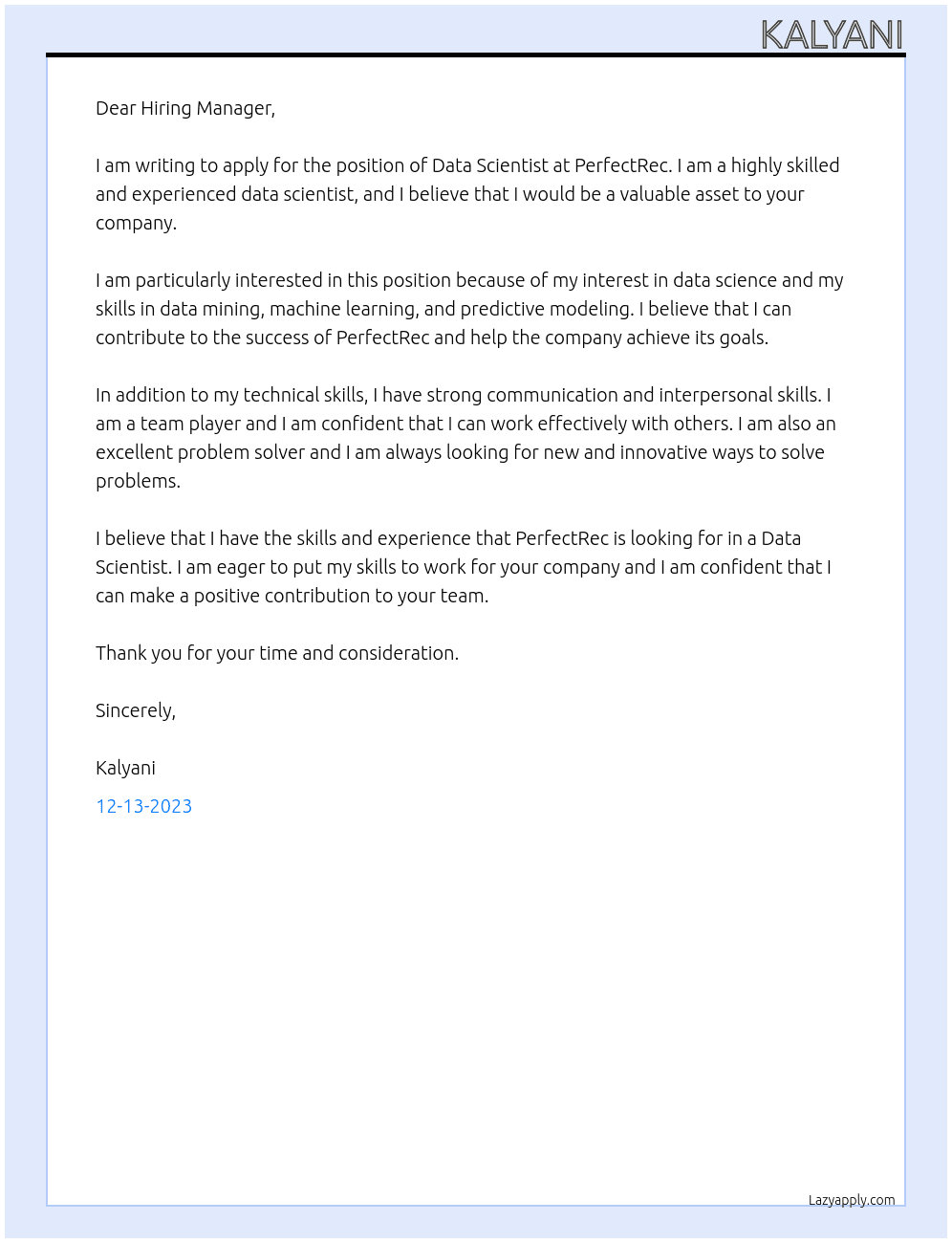 Data scientist At PerfectRec Cover Letter