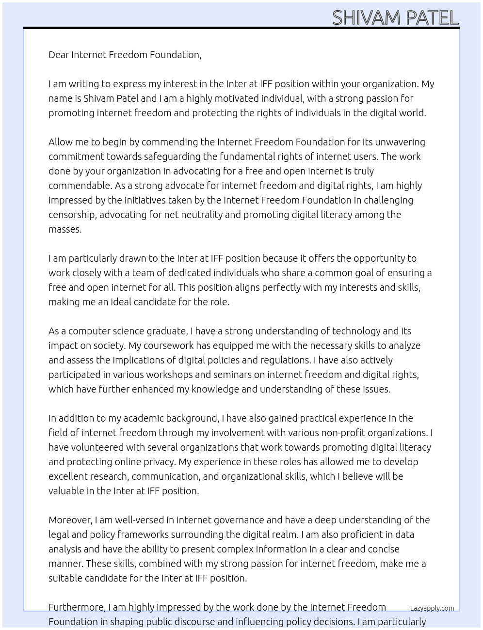 Inter At IFF At Internet Freedom Foundation Cover Letter