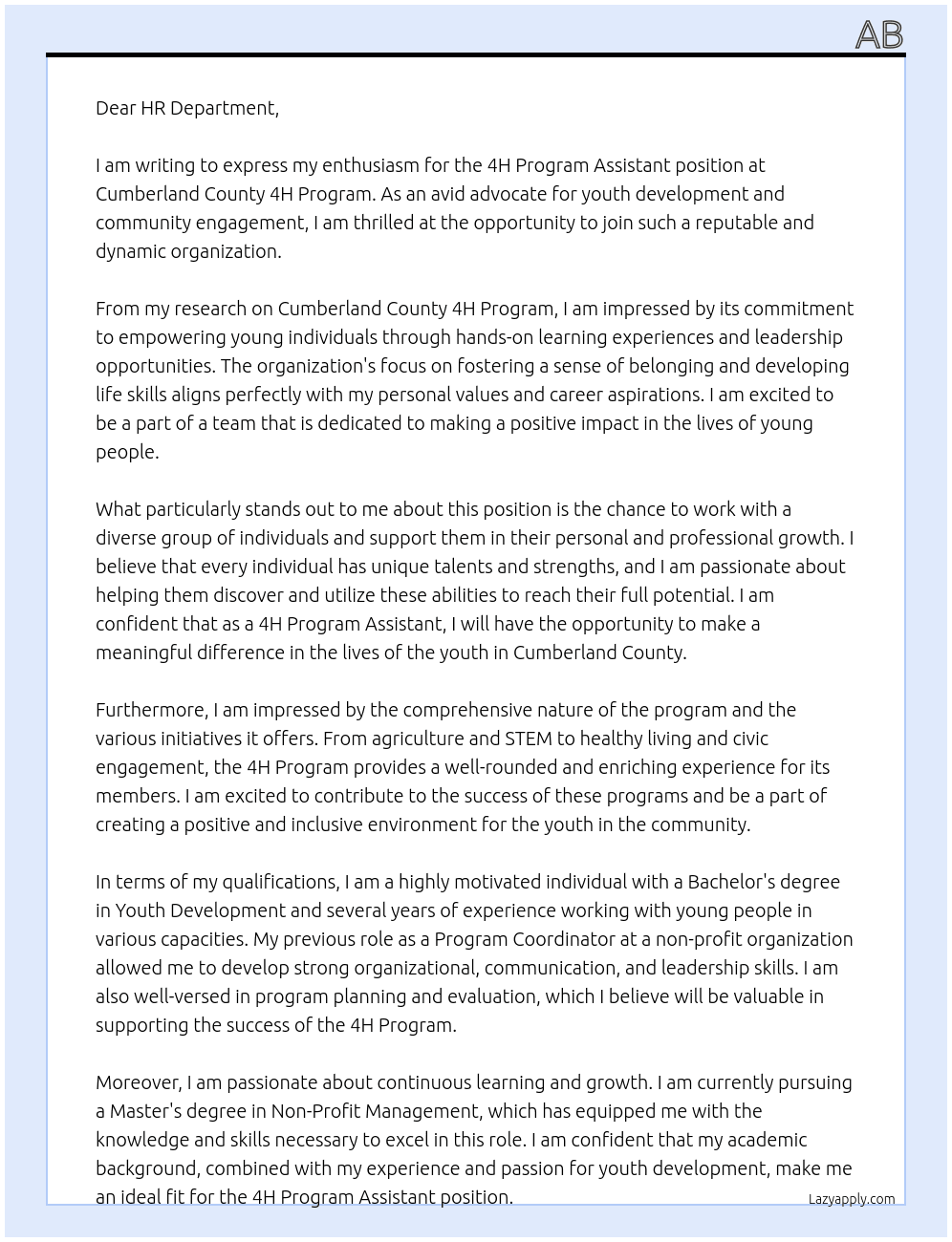 4H Program Assistant  At Cumberland County 4H Program  Cover Letter
