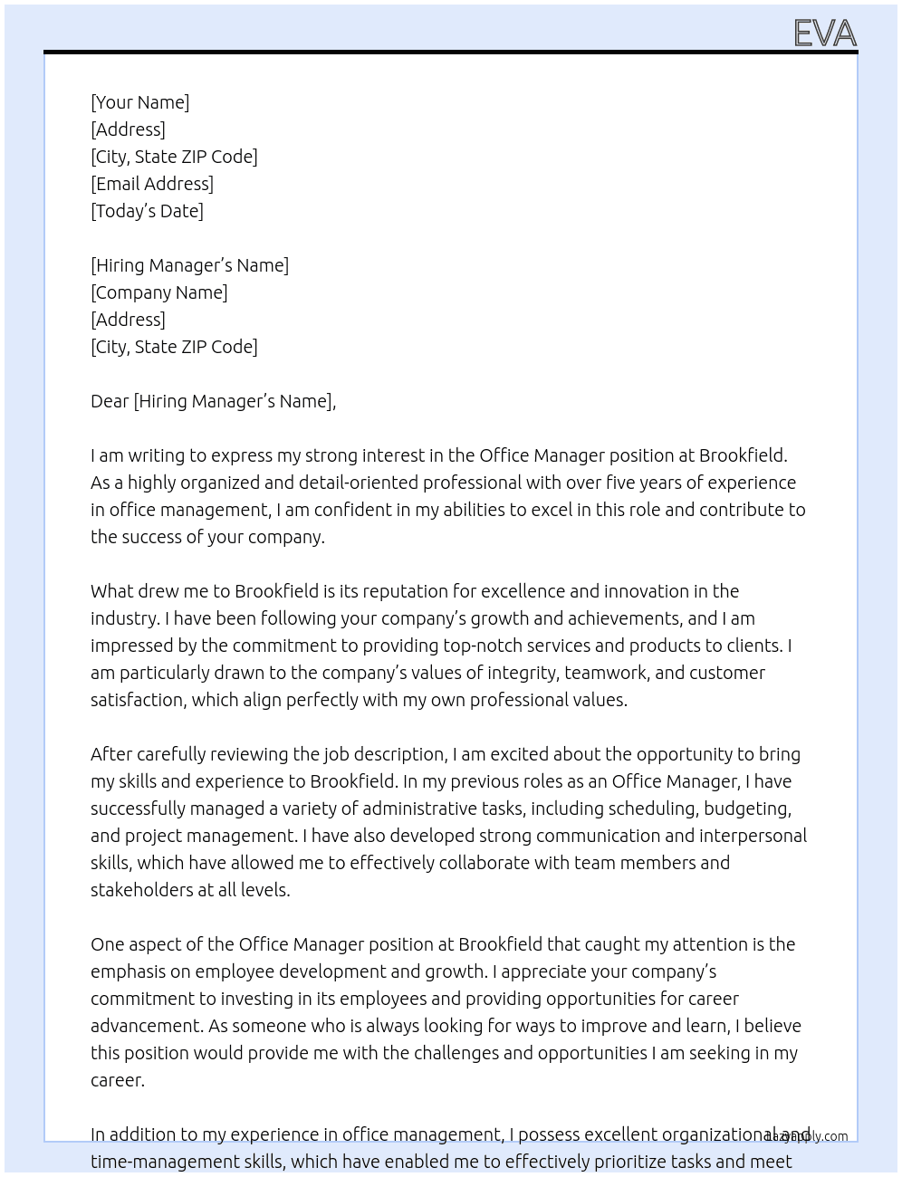 office manager At brookfield Cover Letter