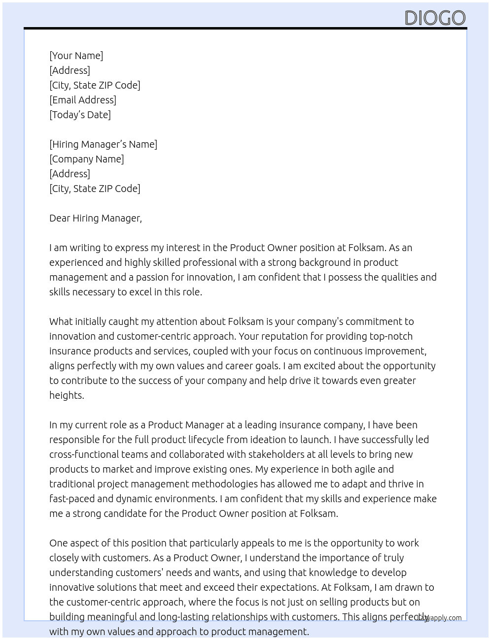 Product Owner At Folksam Cover Letter