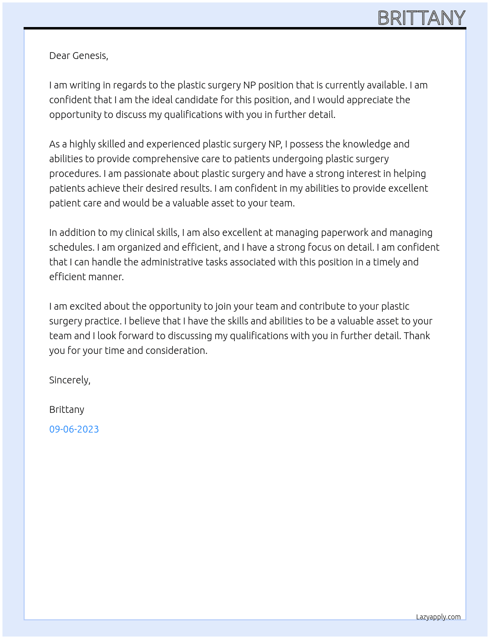 Plastic surgery NP At Genesis Cover Letter