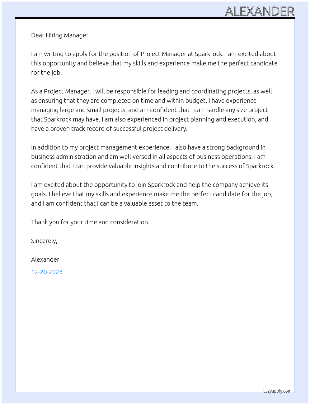 project manager At Sparkrock Cover Letter