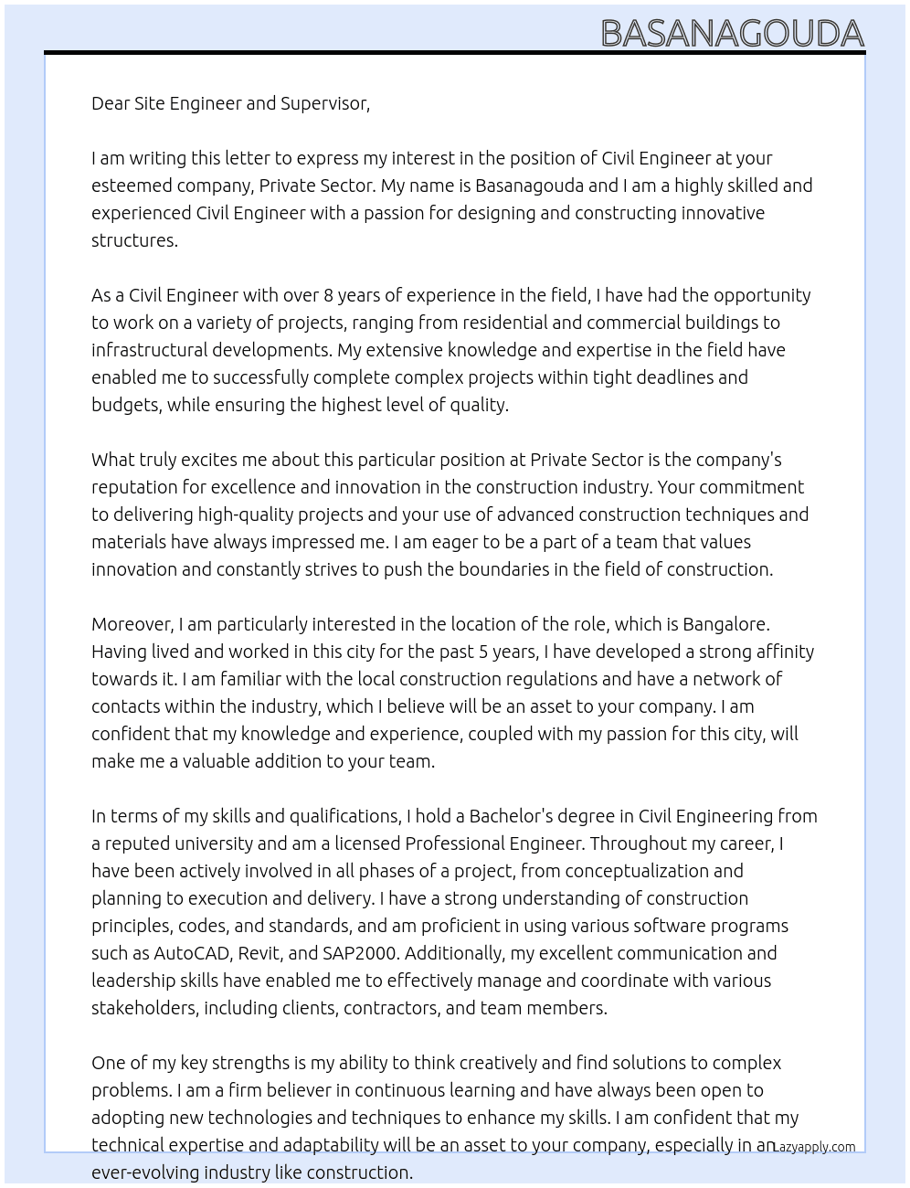 Civil Engineer  At Private Sector Cover Letter
