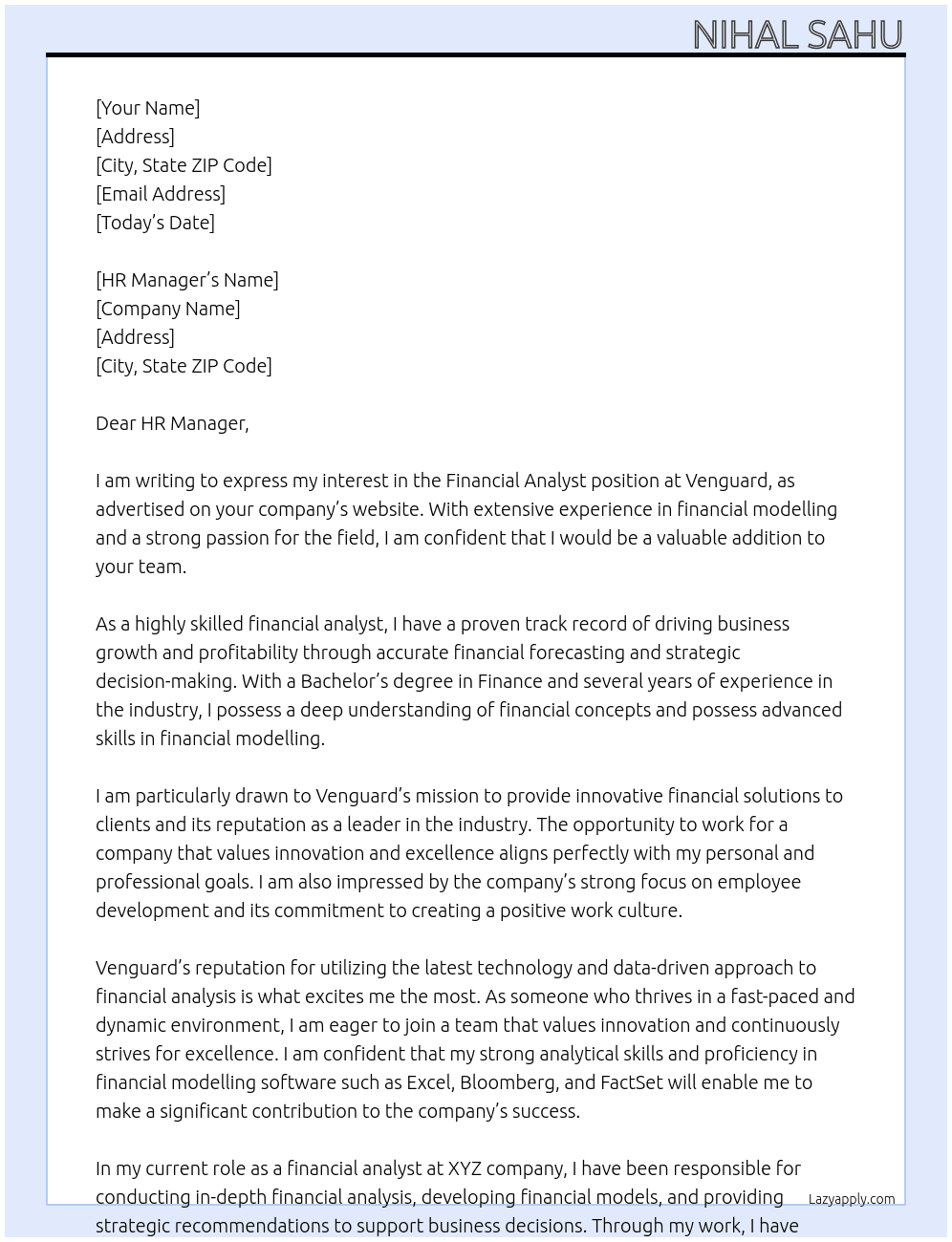 Financial Analyst At Venguard Cover Letter