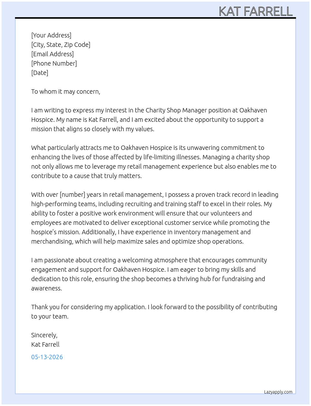 Cover letter for charity shop manager - LazyApply