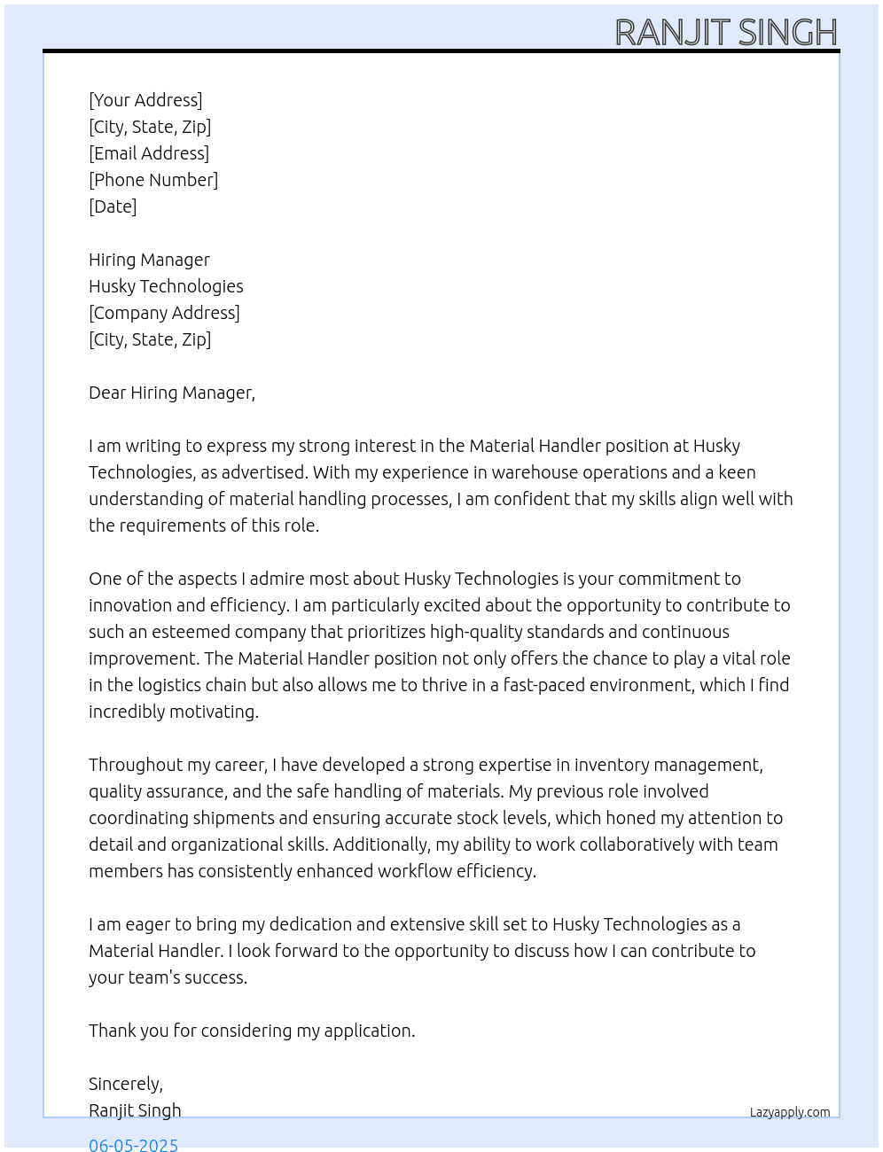 Material Handler At Husky Technologies Cover Letter